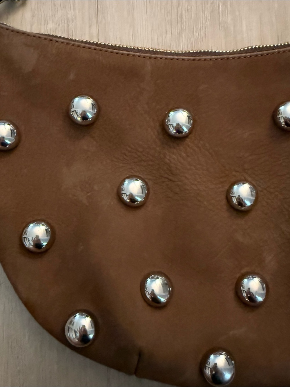 Clare V Lune Studded Brown Leather Shoulder Bag Silver Studs - Picture 7 of 11